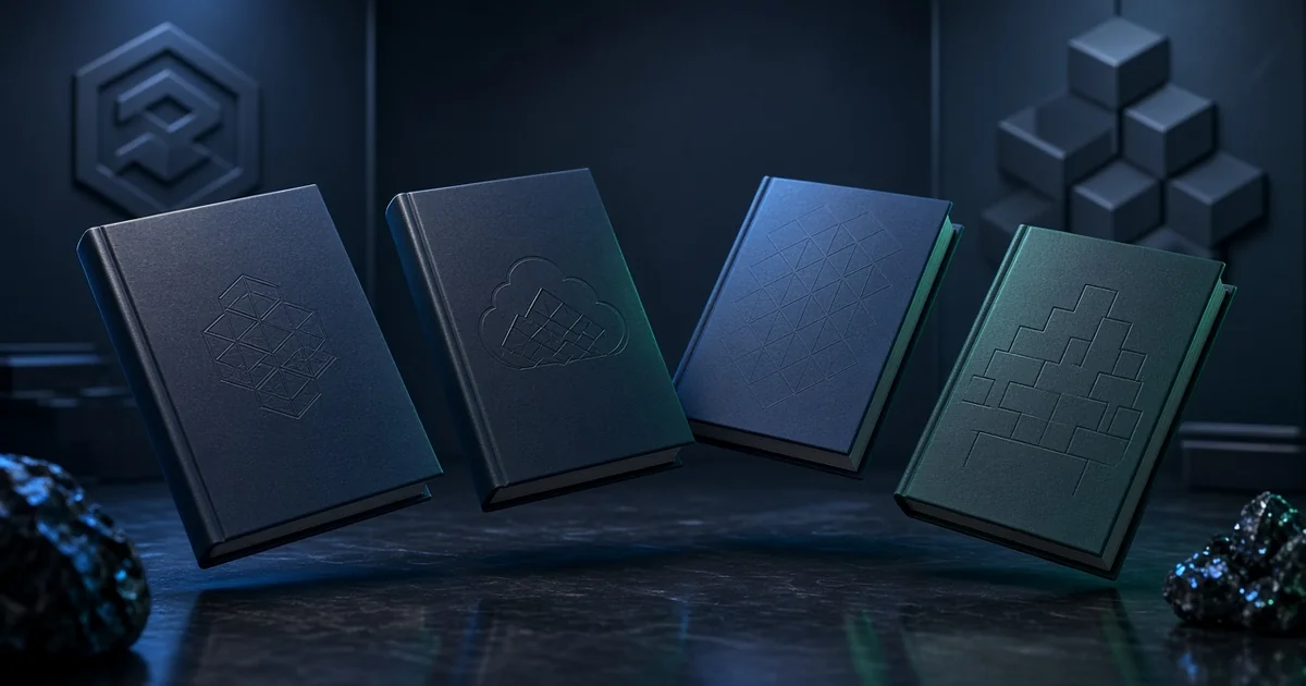 Collection e-books DevOps — livres numériques sur fond sombre (Kubernetes, AWS, Terraform)
