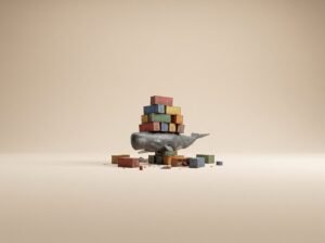 Baleine Docker portant une pile de conteneurs multicolores sur fond sable