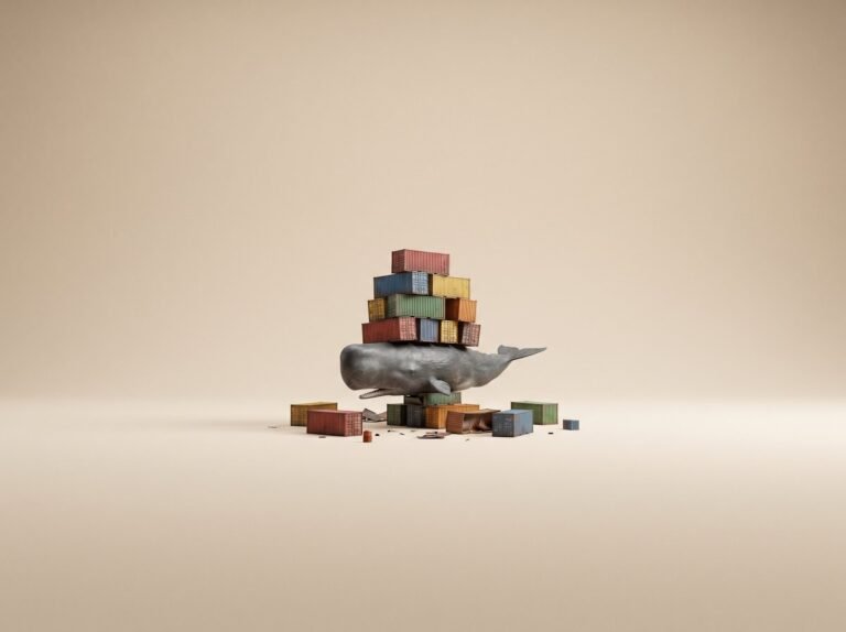 Baleine Docker portant une pile de conteneurs multicolores sur fond sable