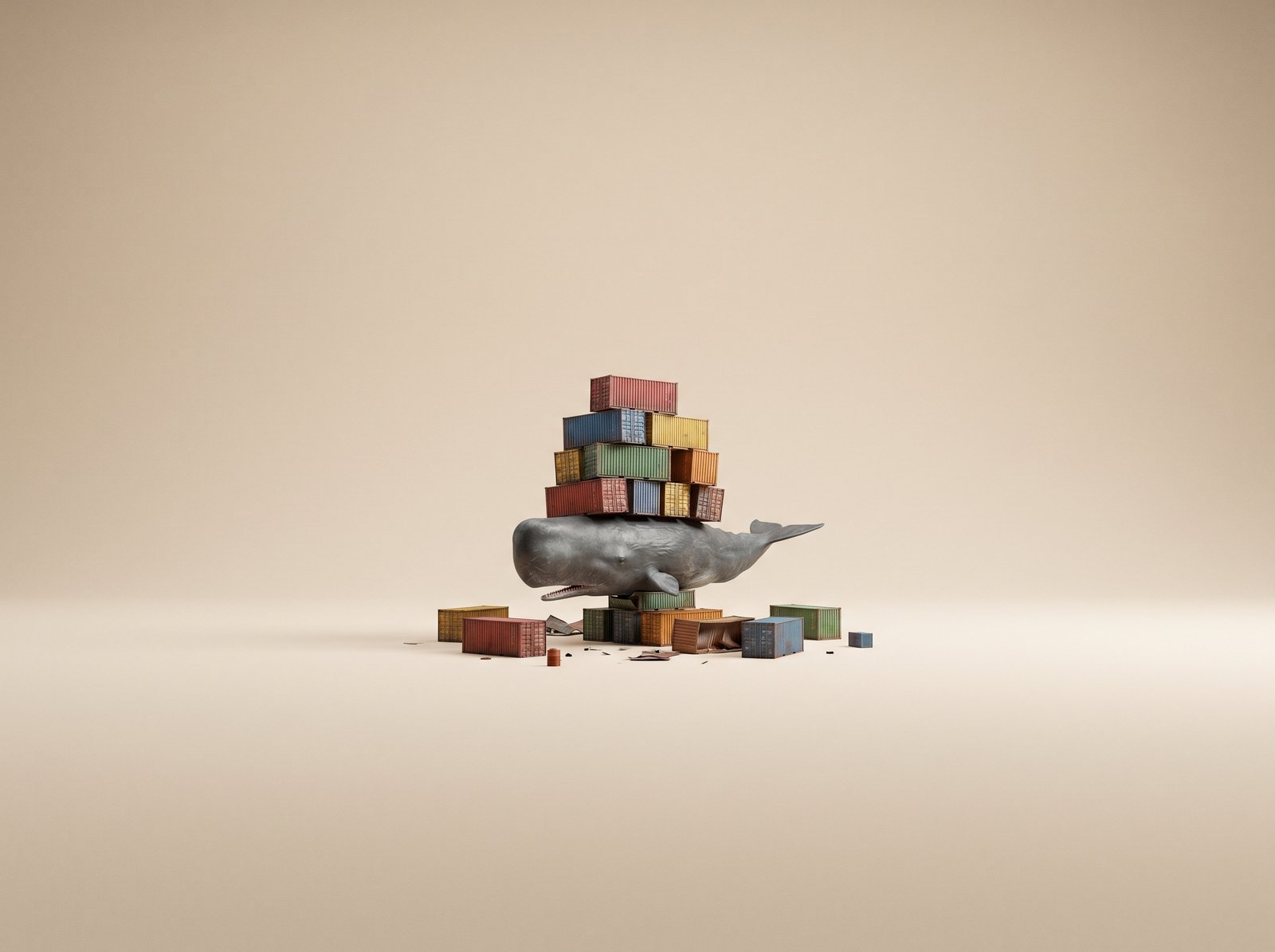 Baleine Docker portant une pile de conteneurs multicolores sur fond sable