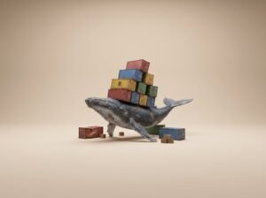 Baleine portant des conteneurs multicolores sur fond sable - conteneurs Docker et machines virtuelles