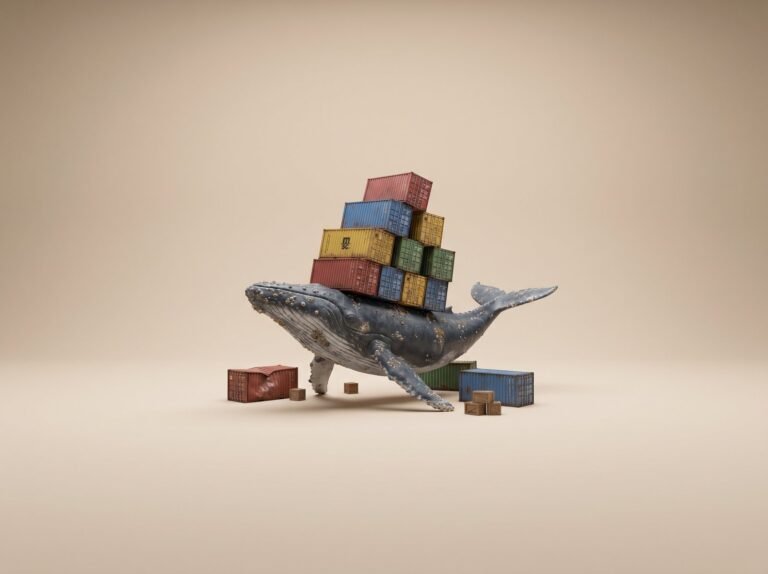Baleine portant des conteneurs multicolores sur fond sable - conteneurs Docker et machines virtuelles