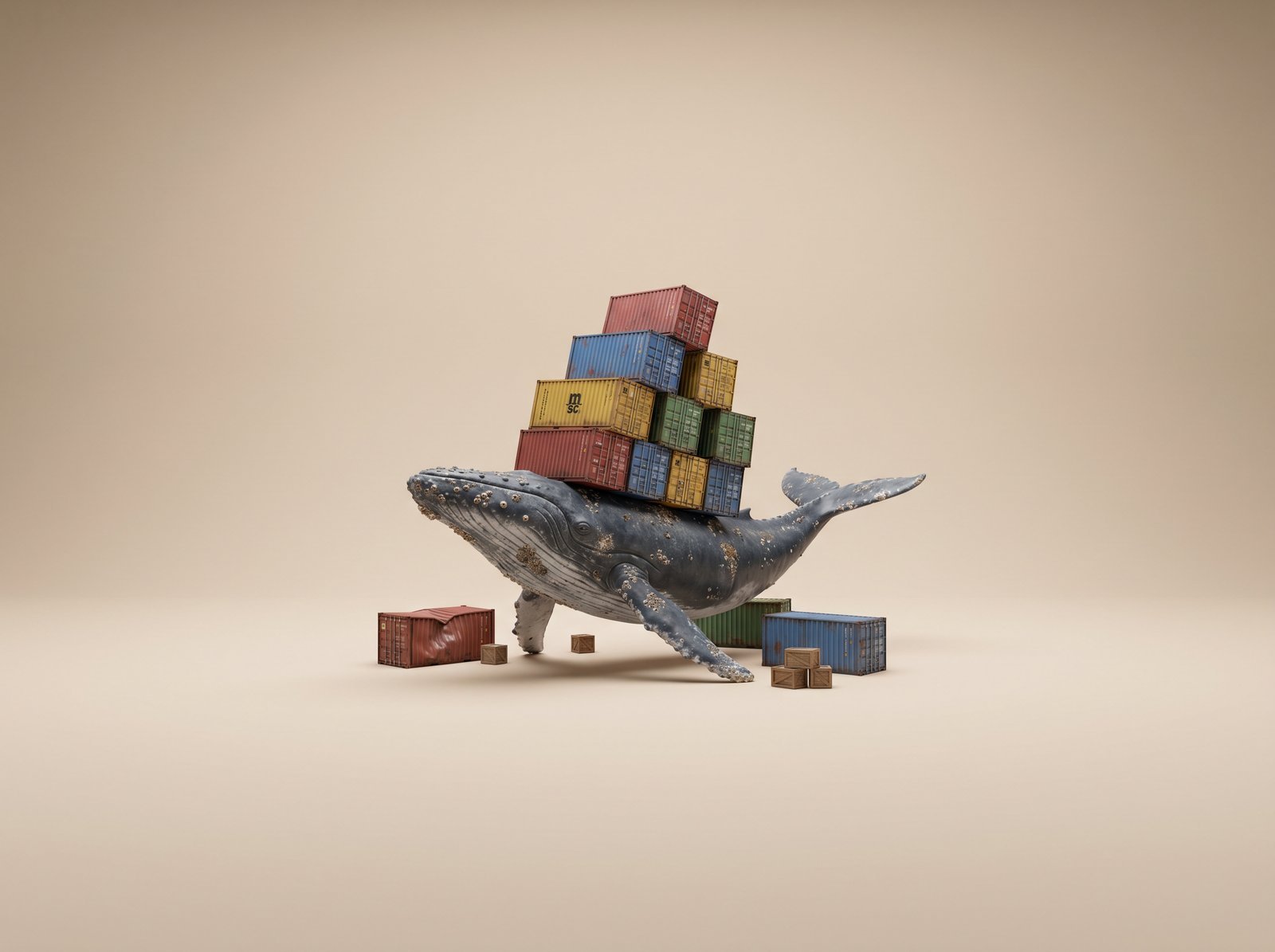 Baleine portant des conteneurs multicolores sur fond sable - conteneurs Docker et machines virtuelles