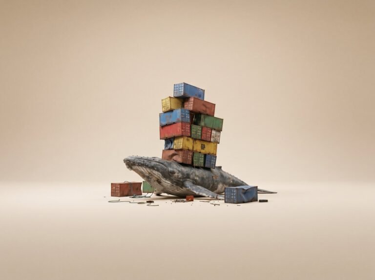 Baleine avec une tour de conteneurs sur fond sable - images Docker