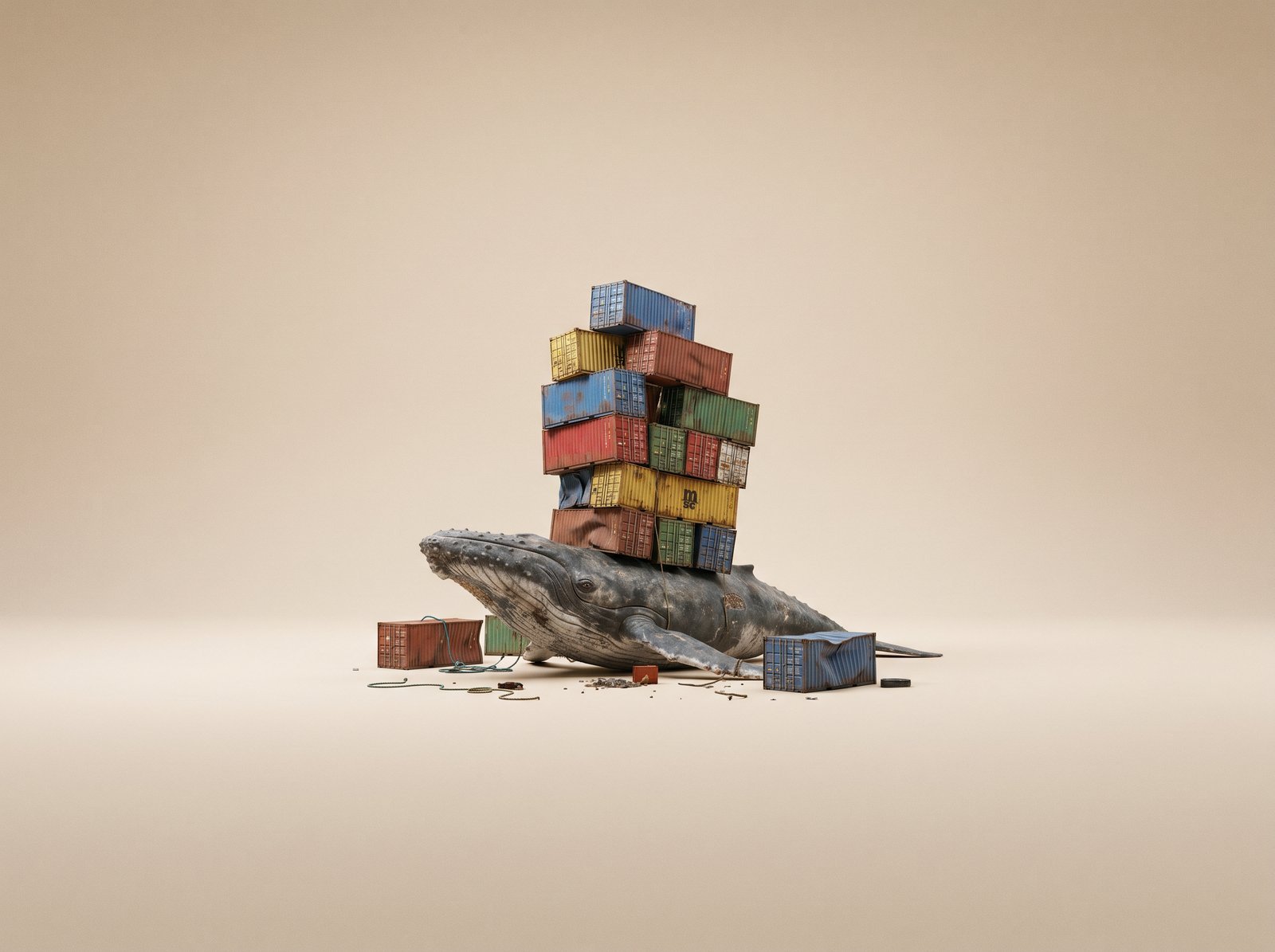 Baleine avec une tour de conteneurs sur fond sable - images Docker