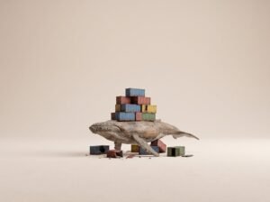 Baleine en bois portant des conteneurs sur fond creme - images Docker personnalisees