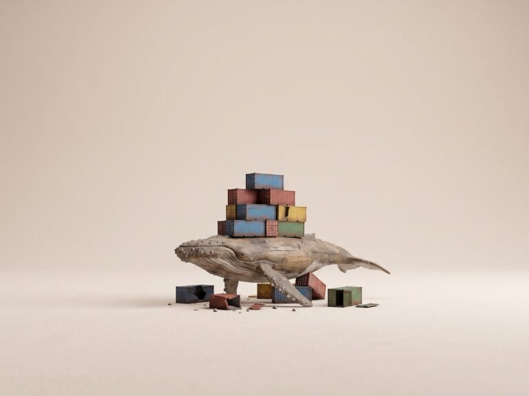 Baleine en bois portant des conteneurs sur fond creme - images Docker personnalisees