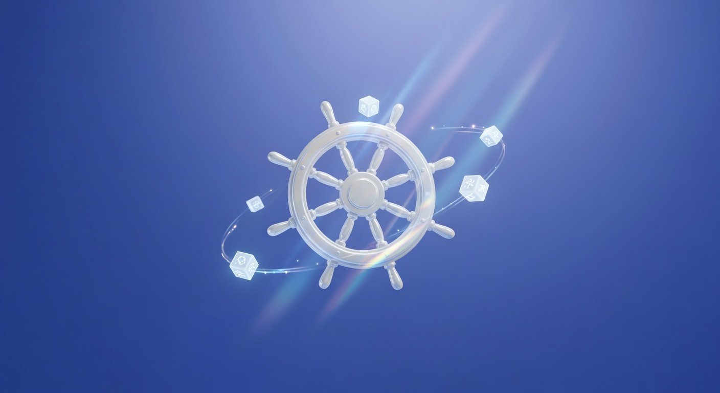 Gouvernail Kubernetes 3D entoure de cubes sur ciel bleu - Static Pods