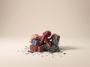 Pieuvre rouge orchestrant serveurs et conteneurs sur fond beige - installation d'un cluster Kubernetes