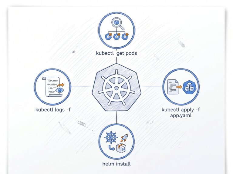 Carte mentale Kubernetes : gouvernail et commandes kubectl sur fond blanc