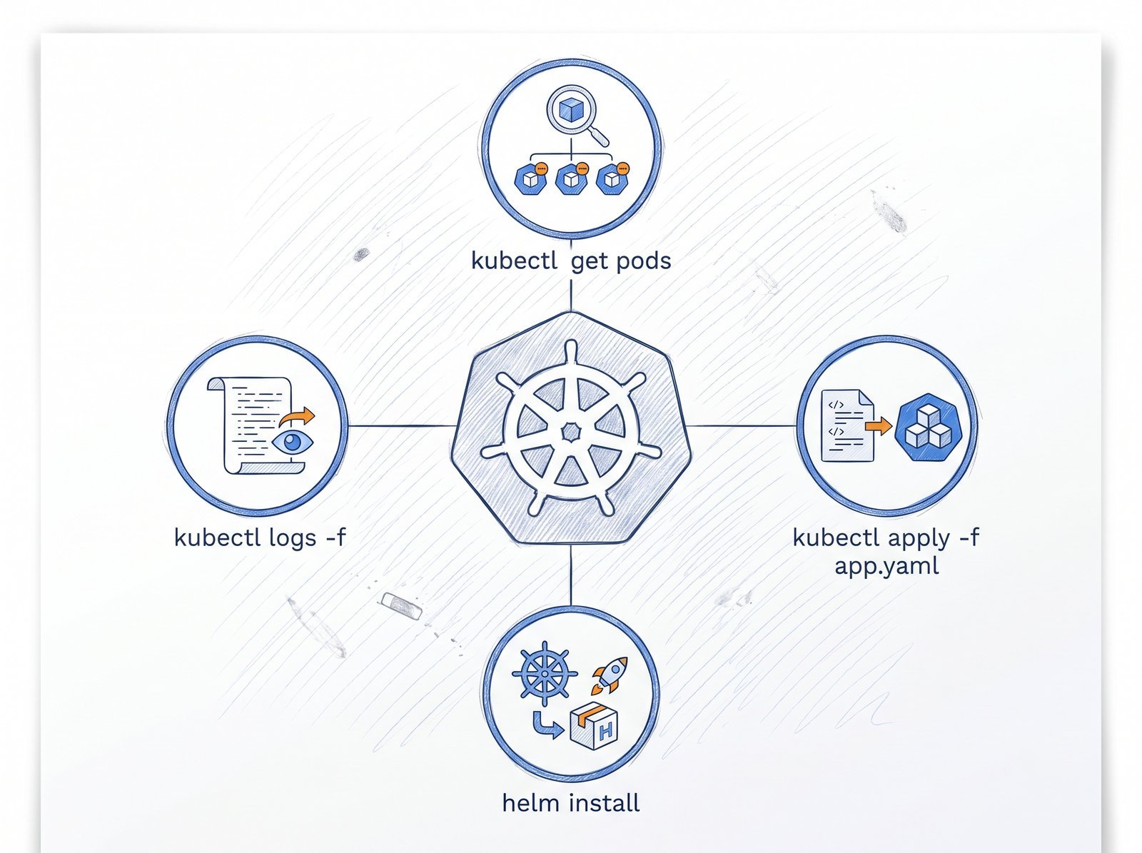 Carte mentale Kubernetes : gouvernail et commandes kubectl sur fond blanc
