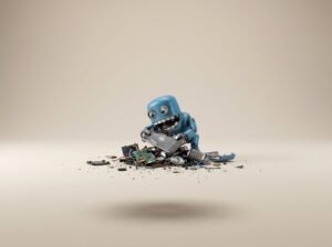 Robot bleu avec ses outils sur fond beige - installation de Puppet