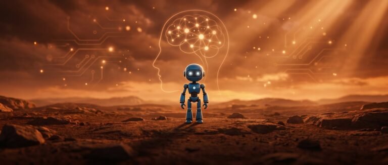 Fichier .gitignore - robot bleu dans un desert orange avec circuits