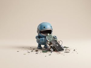 Agents self-hosted Azure DevOps - robot bleu qui assemble une machine sur fond beige