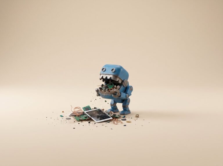 Version Control System - robot bleu qui demonte un appareil sur fond beige
