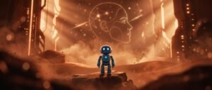 Git rebase et git merge - robot bleu dans un decor cinematique chaud