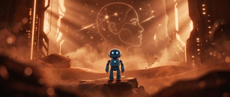 Git rebase et git merge - robot bleu dans un decor cinematique chaud