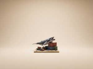 Baleine survolant des conteneurs sur fond beige - conteneurs Docker
