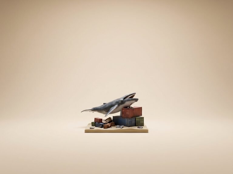 Baleine survolant des conteneurs sur fond beige - conteneurs Docker