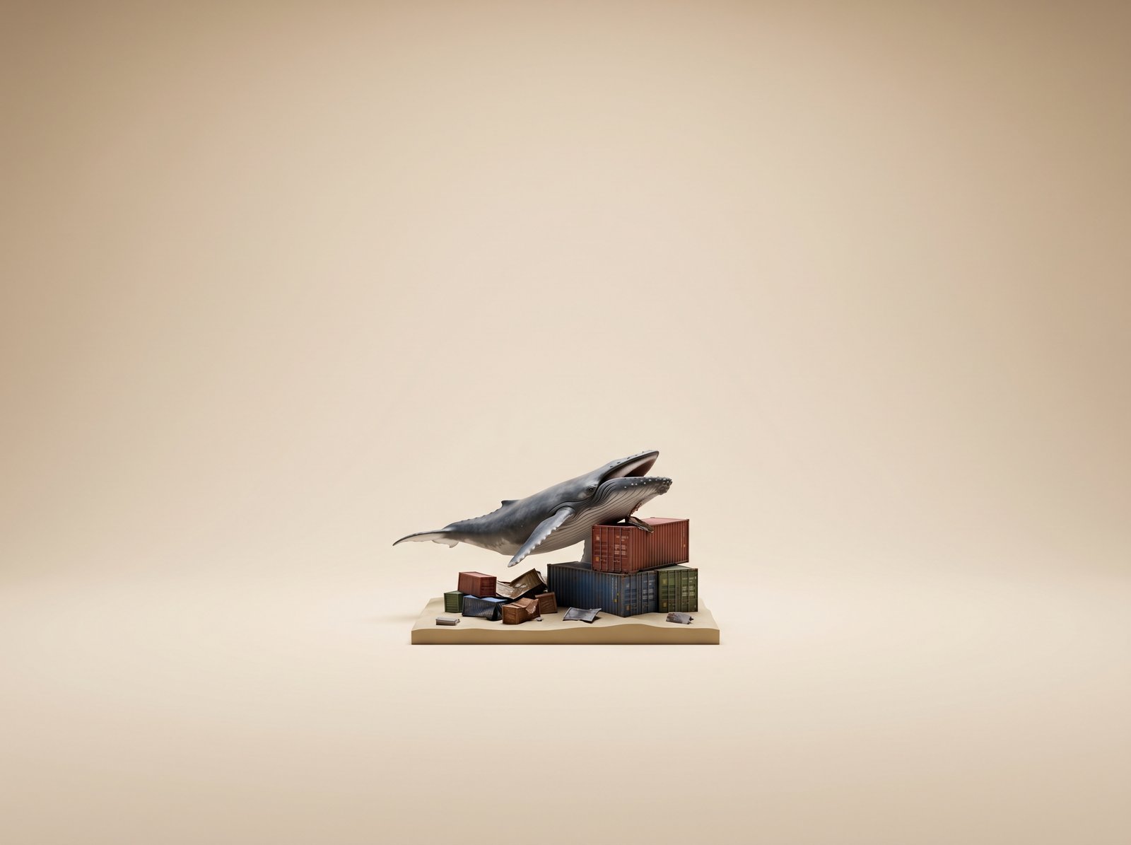 Baleine survolant des conteneurs sur fond beige - conteneurs Docker