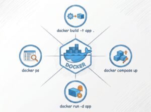 Carte mentale Docker : baleine et commandes docker sur fond blanc - Docker Overview