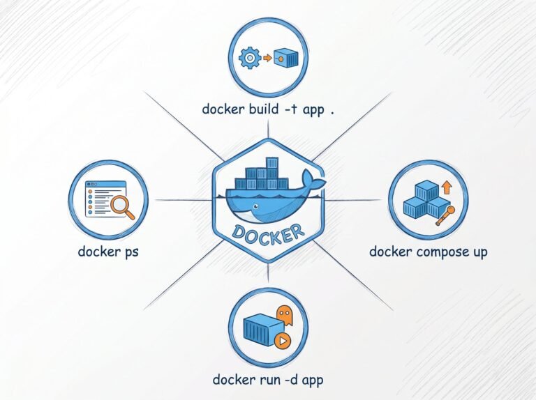 Carte mentale Docker : baleine et commandes docker sur fond blanc - Docker Overview