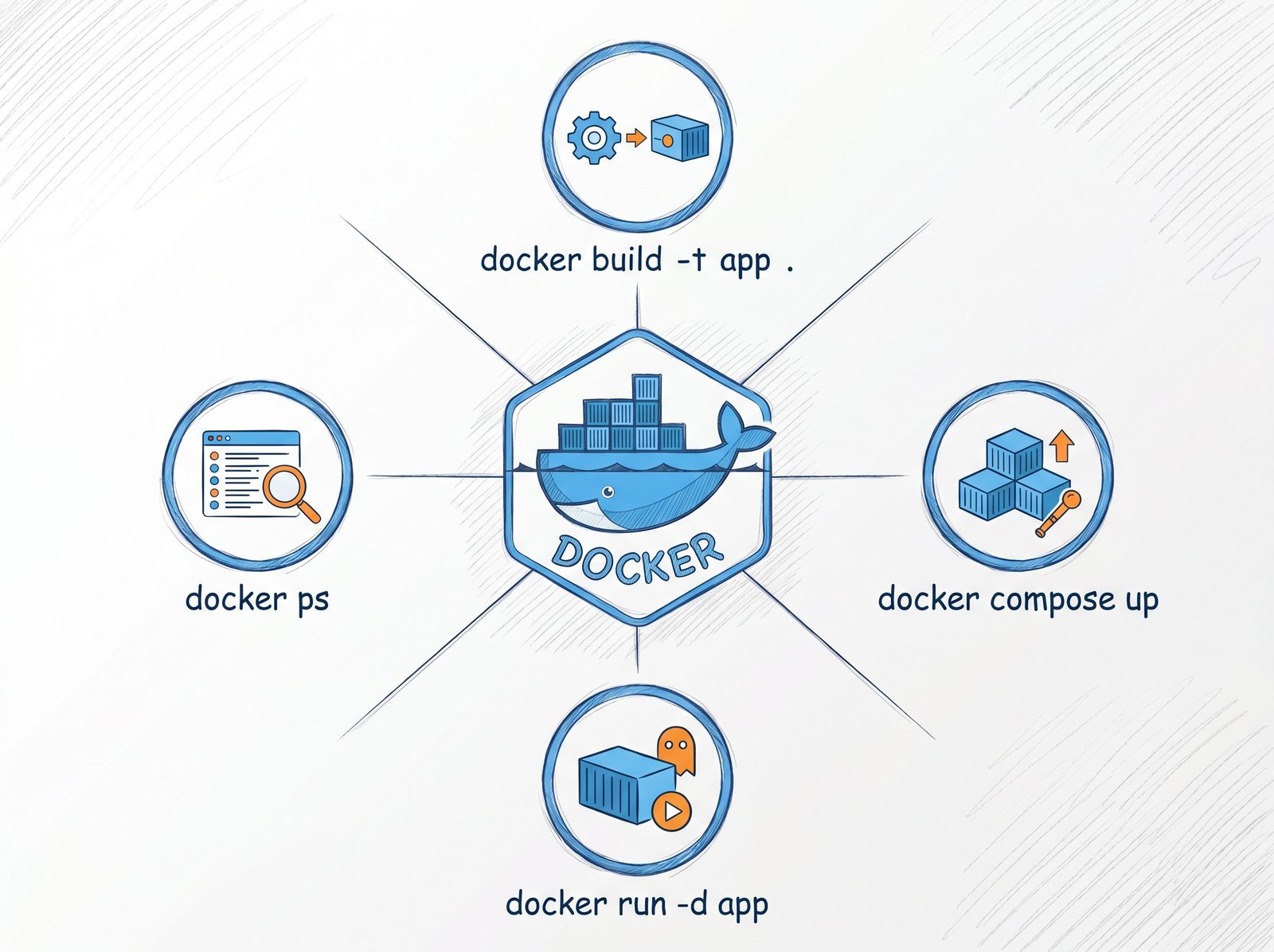 Carte mentale Docker : baleine et commandes docker sur fond blanc - Docker Overview