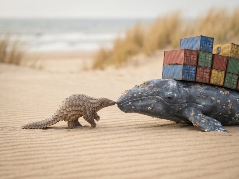 Pangolin et baleine chargee de conteneurs sur la plage - installation de Docker