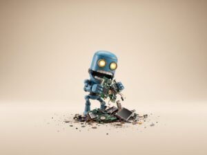 Robot d'automatisation assis sur fond beige - classes Puppet