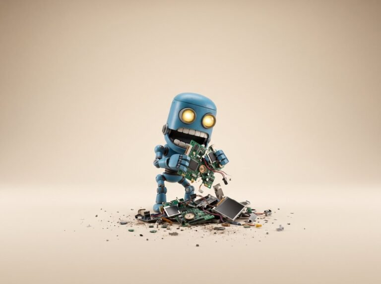 Robot d'automatisation assis sur fond beige - classes Puppet