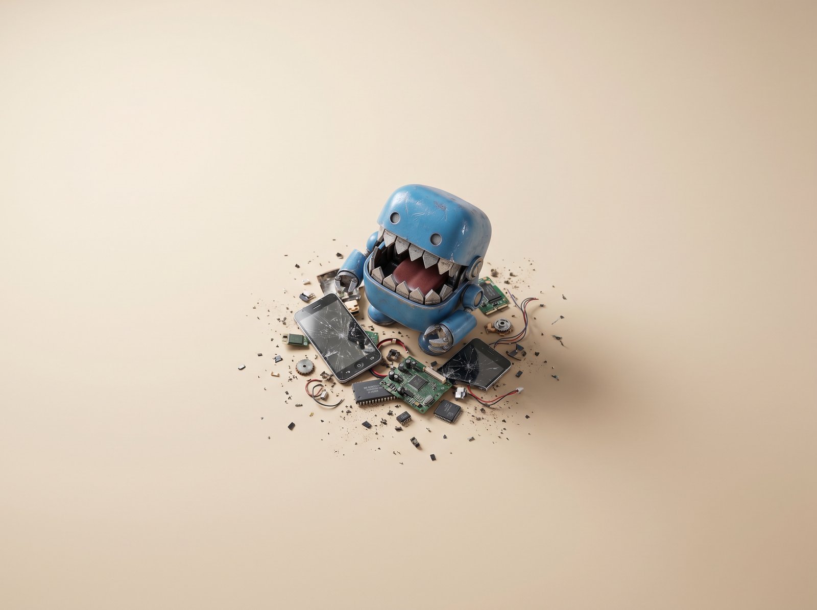Robot en panne a diagnostiquer sur fond beige - monitoring logging debugging troubleshooting