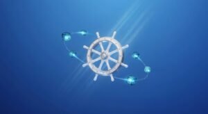 Gouvernail Kubernetes 3D et cubes lumineux sur fond bleu - Deployment