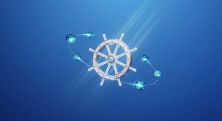 Gouvernail Kubernetes 3D et cubes lumineux sur fond bleu - Deployment