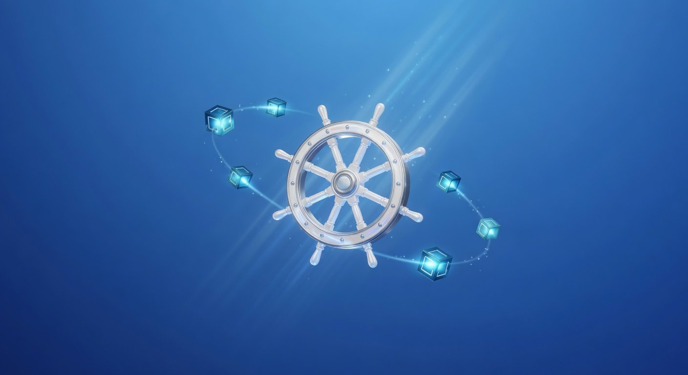 Gouvernail Kubernetes 3D et cubes lumineux sur fond bleu - Deployment