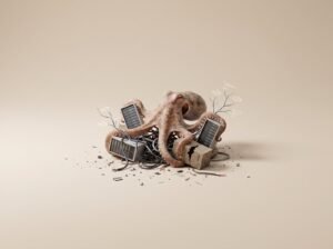 Pieuvre reliant des serveurs sur fond beige - ConfigMaps Kubernetes
