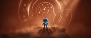 Lab Azure Boards - robot bleu et reseau d idees dans un decor orange
