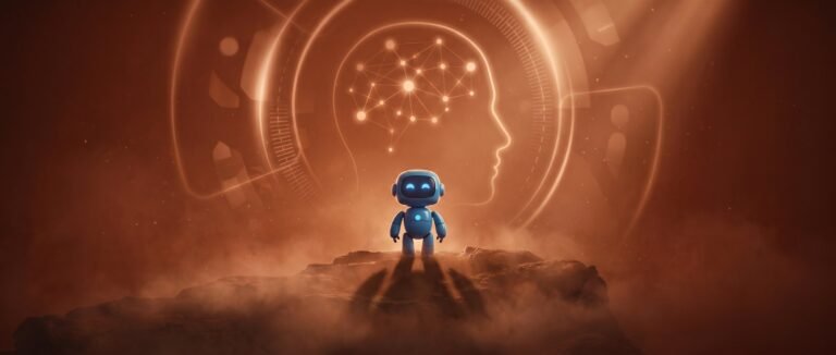 Lab Azure Boards - robot bleu et reseau d idees dans un decor orange
