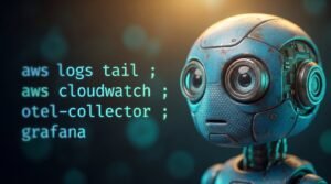 Robot en gros plan avec commandes aws logs tail et cloudwatch - alarmes et logs CloudWatch