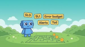 Robot cartoon avec etiquettes SLO SLI Error budget Alerts - Prometheus