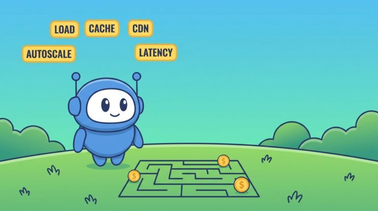 Robot cartoon avec etiquettes Load Cache Autoscale Latency - Metrics Server Kubernetes