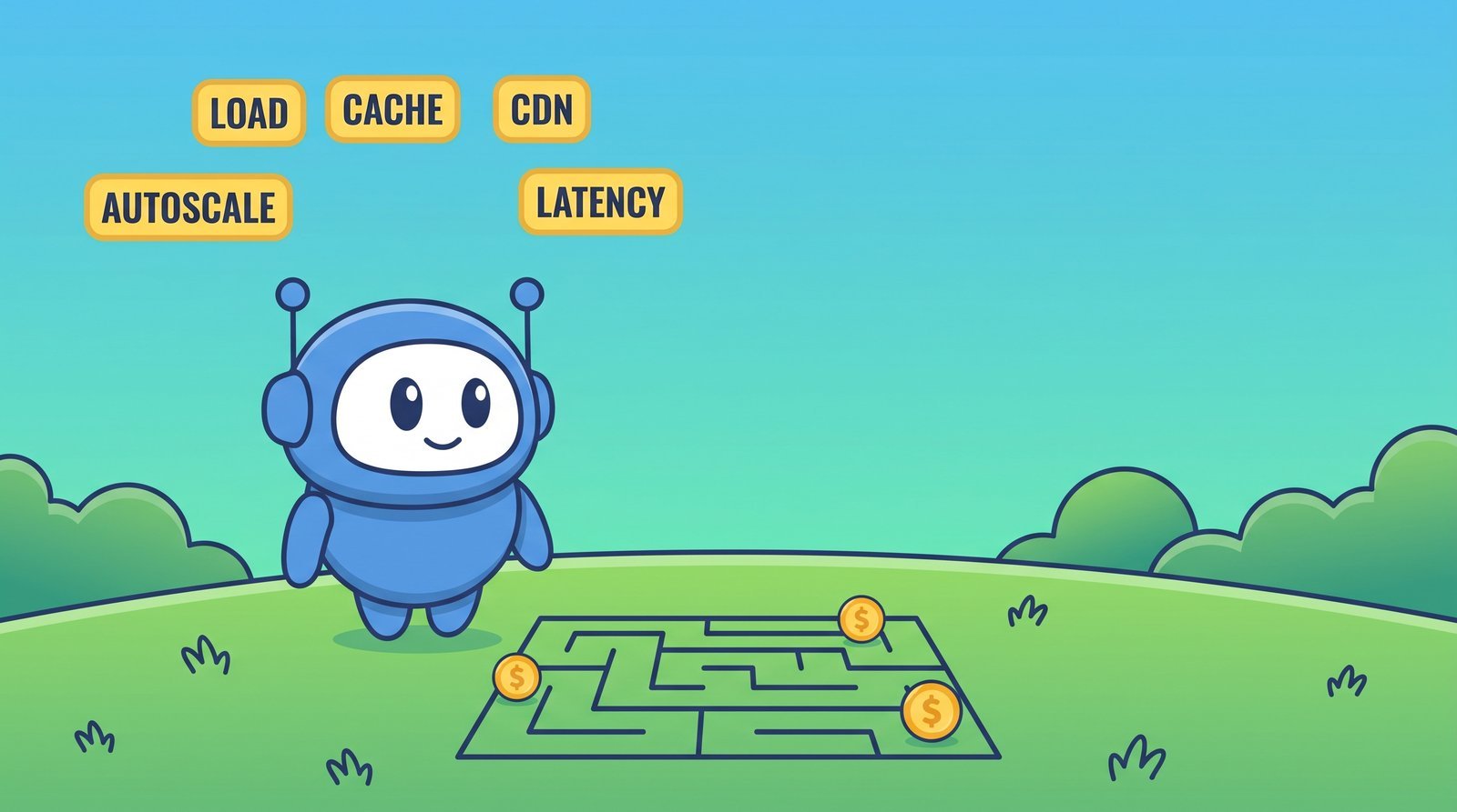 Robot cartoon avec etiquettes Load Cache Autoscale Latency - Metrics Server Kubernetes