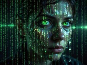 Visage de hacker en code matriciel vert - Service Accounts Kubernetes